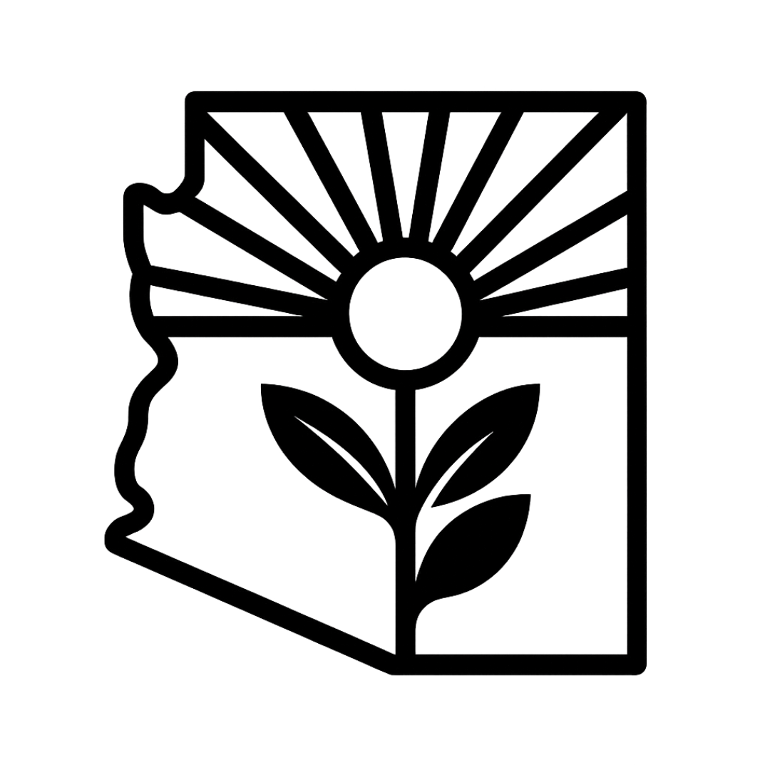 Outline of Arizona state with a blooming plant and rising sun icon — representing sustainable farming, local agriculture, and sun-grown produce in Arizona.