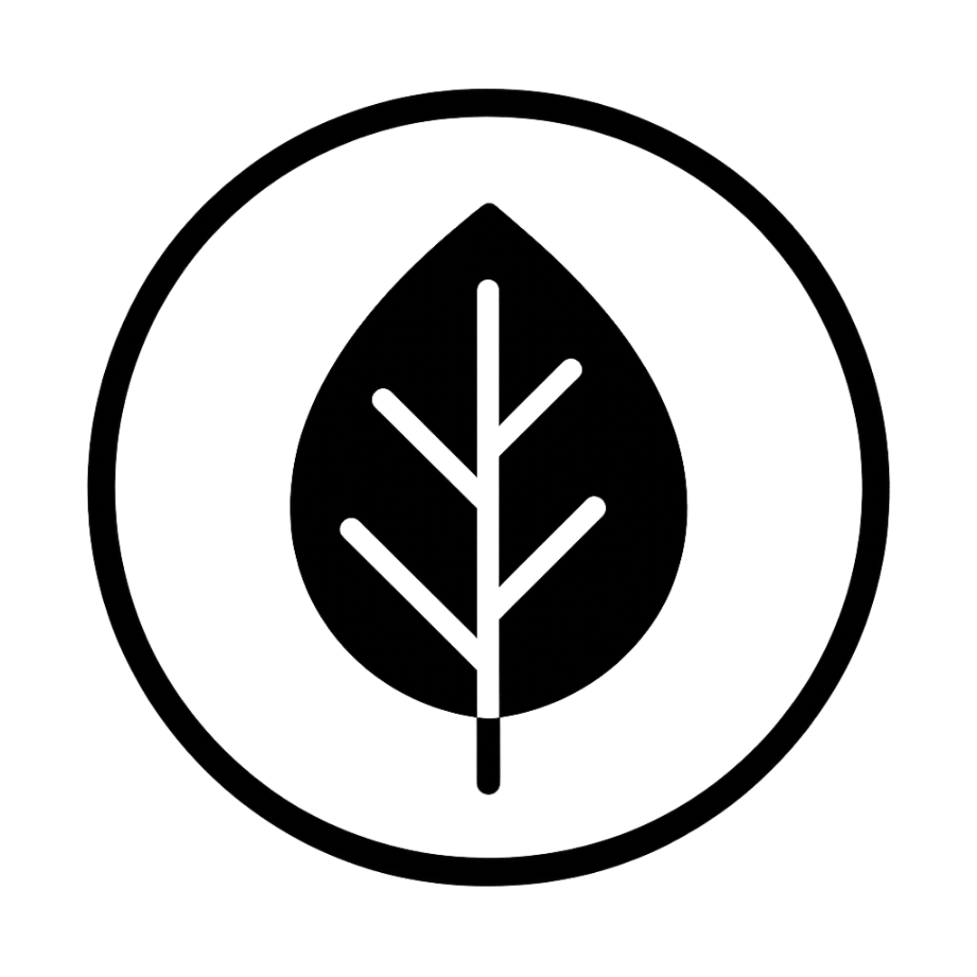 Minimalist black leaf emblem inside a circle on a dark gradient background – symbolizing organic, sustainable, and eco-conscious branding.