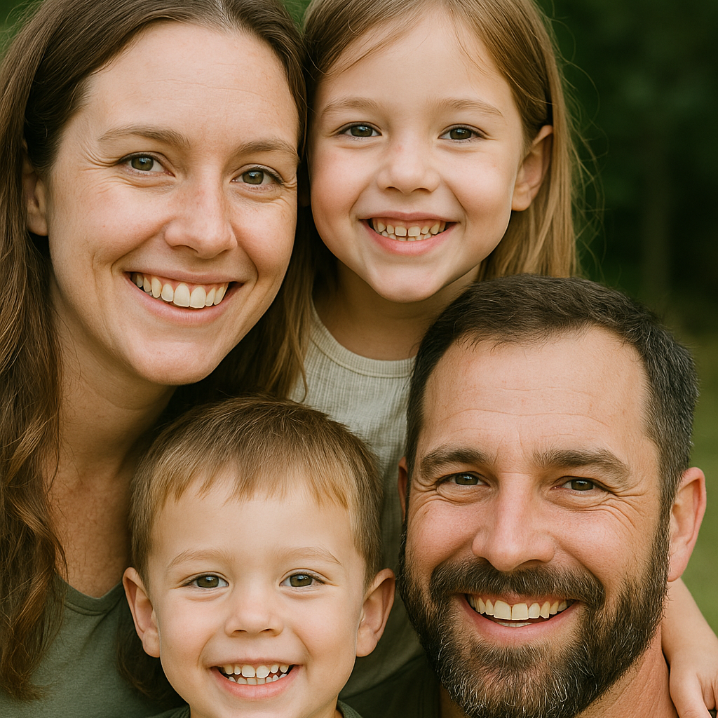 Happy family portrait with two smiling parents and their young daughter and son, outdoors with greenery in the background.