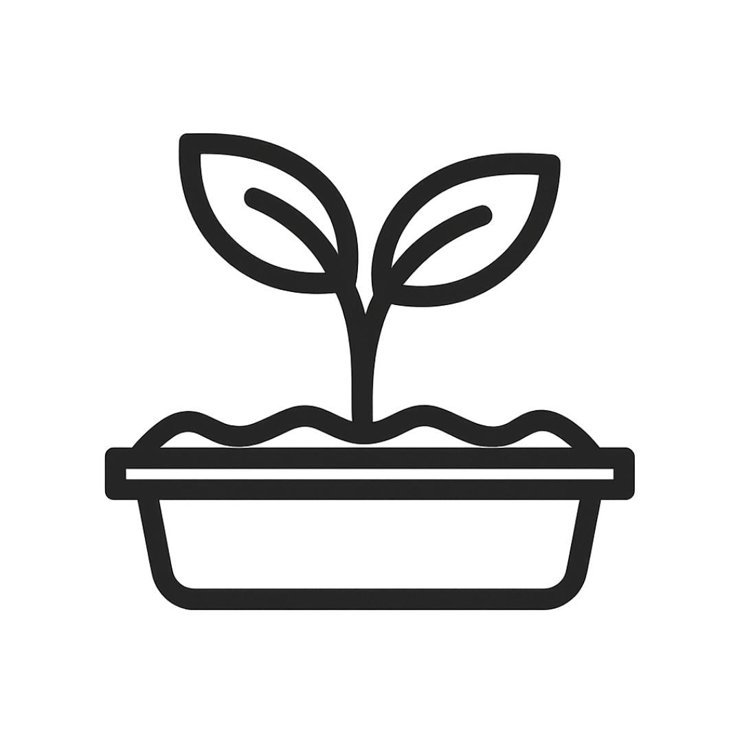 Minimalist icon of microgreens sprouting in a grow tray — symbolizing small-batch farming, nutrient-rich microgreens, and soil-grown produce.
