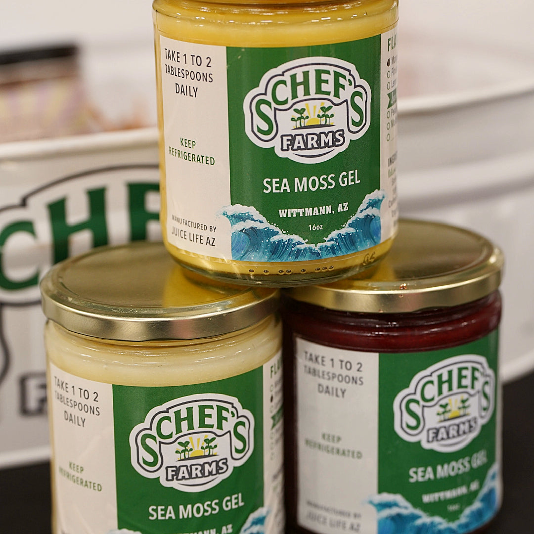 Close-up image of 3 Schef's Farms Sea Moss Gel jars in various natural colors, labeled with "Take 1 to 2 tablespoons daily," stacked neatly with branding and ocean wave graphics on the labels.