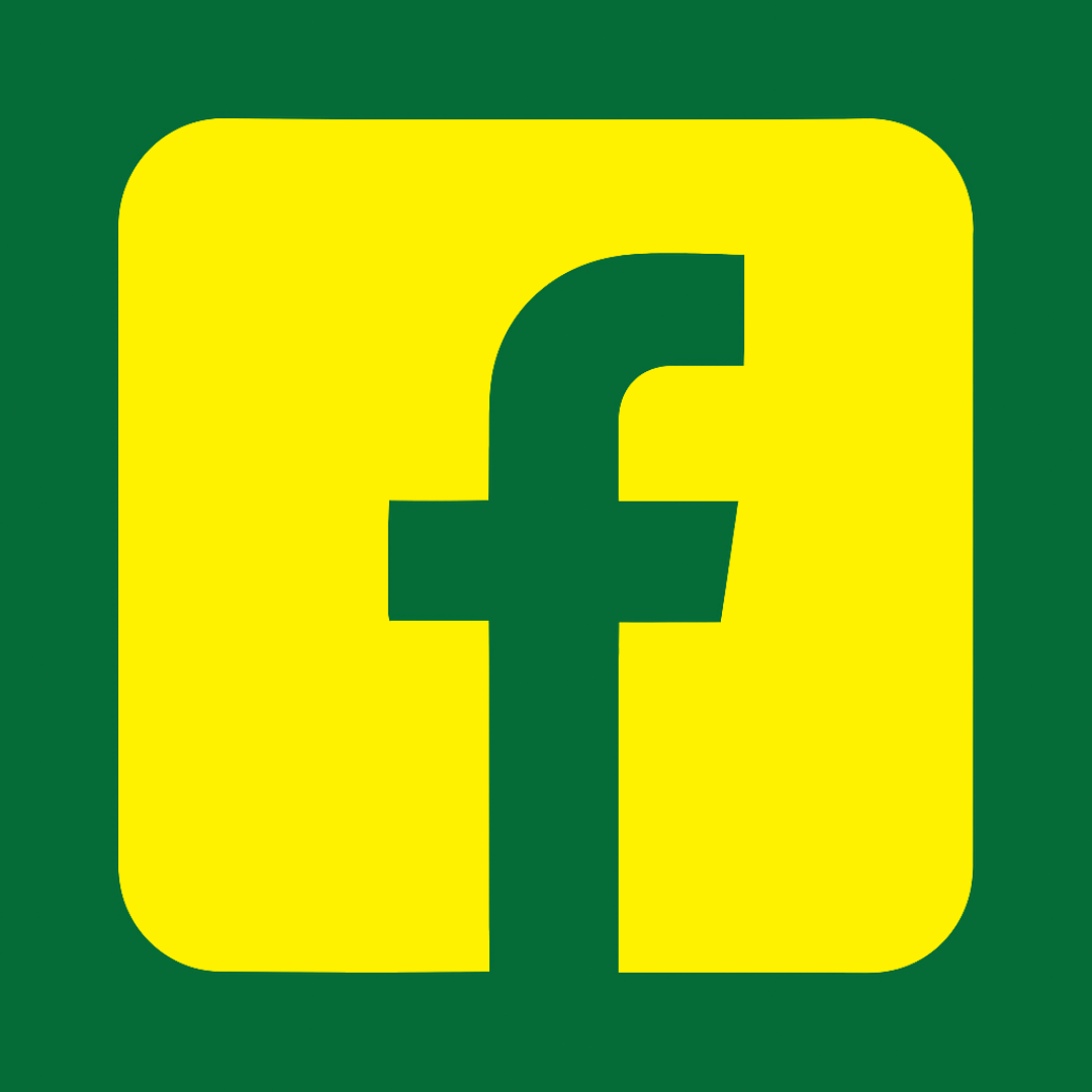 Yellow Facebook logo on a green background.